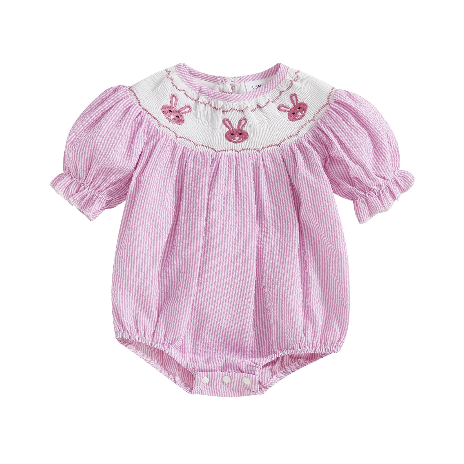 Rourufy Baby Girl Easter Outfit Infant Bunny Smocked Romper Newborn Rabbit Eggs Easter T Shirt Top Toddler Summer Clothes (C Bunny Striped Pink, 3-6 Months)