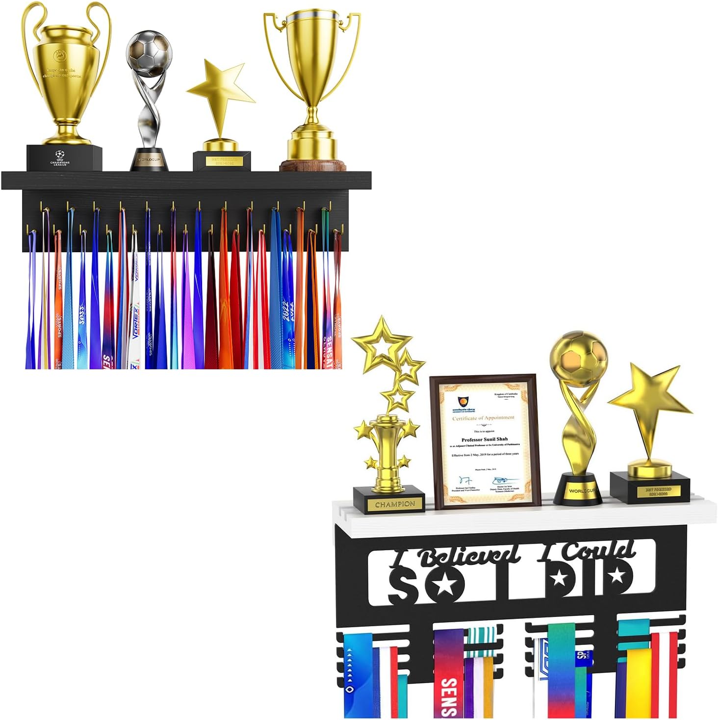 Medal Hanger Display 2 Pack, Wooden Grey Trophy Shelf for Wall with 25 Steel Golden Hooks and Race Awards Rack with Metal Holder, Storage Stand for Sports Fans, Easy Install, Showcases Achievements