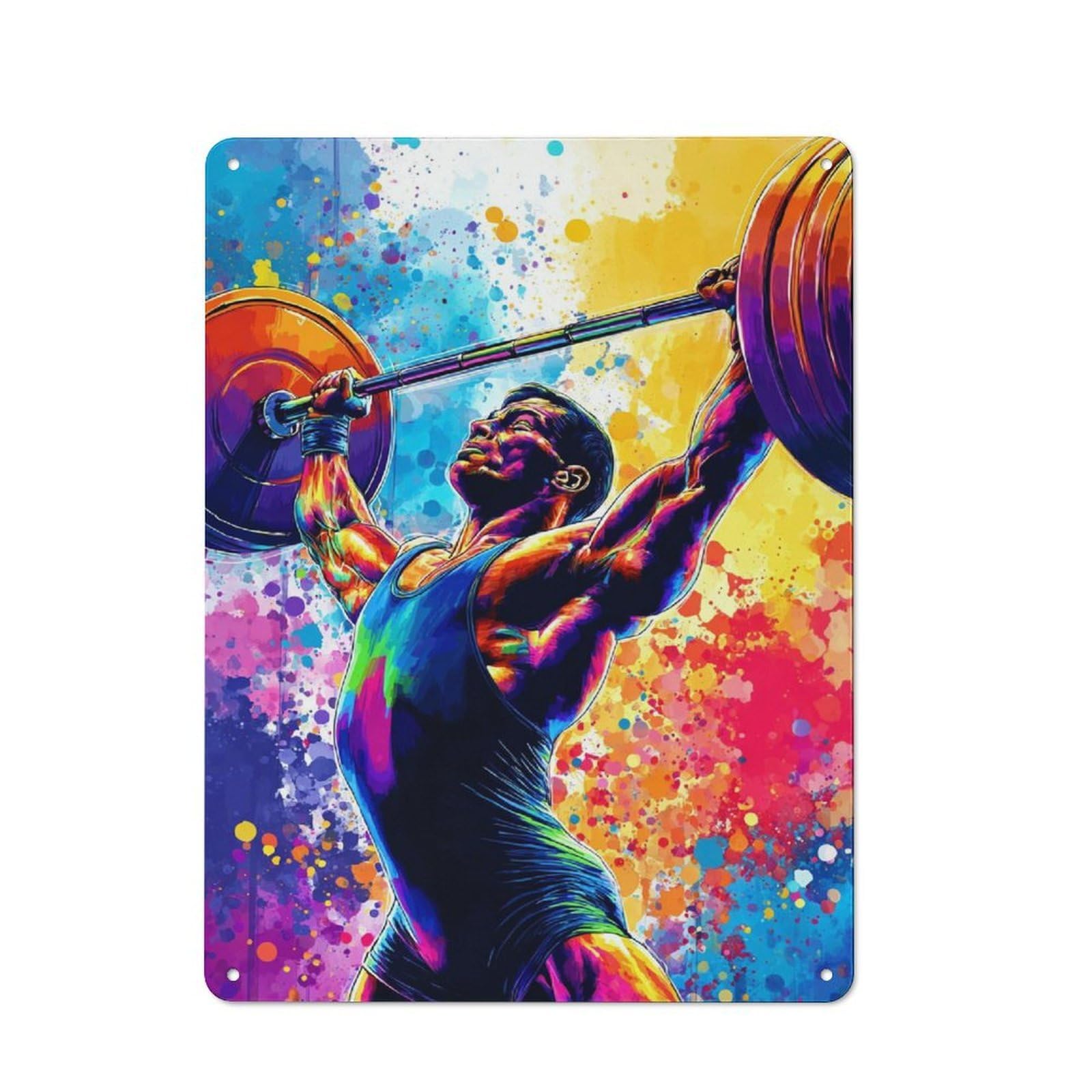 Metal Plaque with Colorful Weightlifter in Action Design 40x30cm, Cosy Diner Style Decor for Coffee Bar, Kitchen, Bistro Or Tea Corner