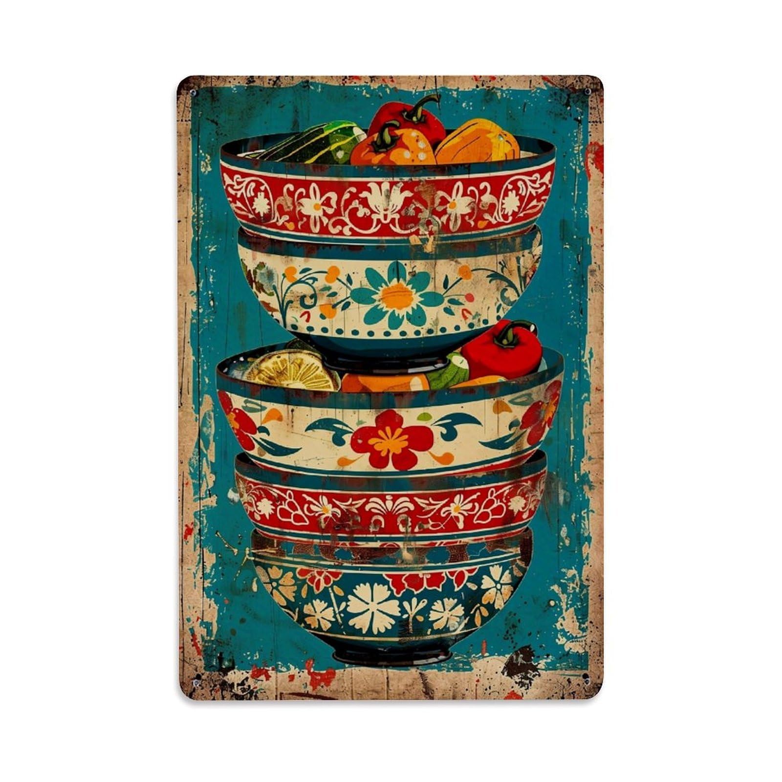 Jdfenggu Vintage Floral Patterned Ceramic Bowls Stack Retro Metal Tin Sign, Decor Art Poster For Bar, Home, Man Cave, Kitchen, Laundry Room Gift 8X12inch