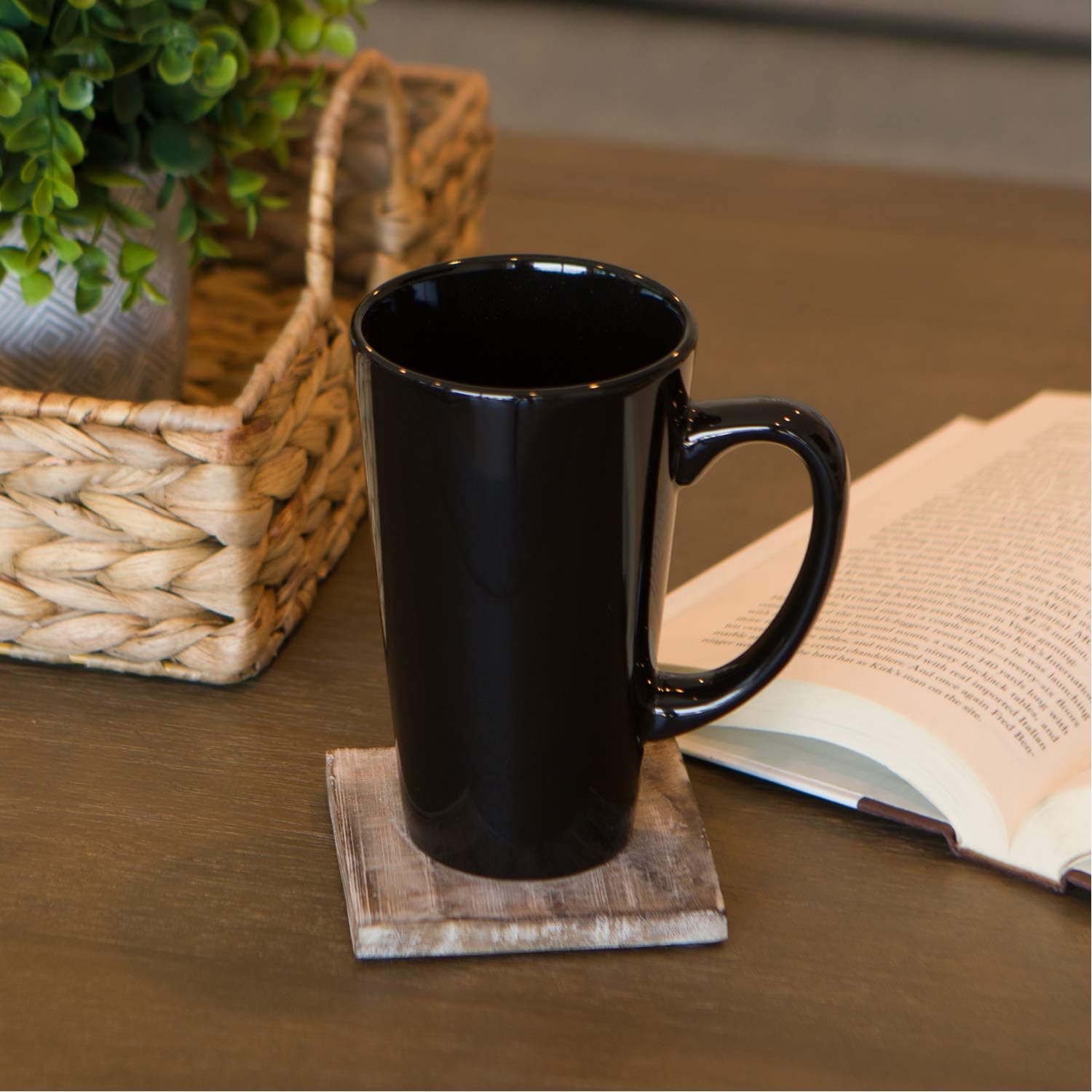 Exсluѕіvе Sресіаl Serami 15oz Black Funnel Ceramic Tall Coffee Mugs with Large Handles, Set of 4