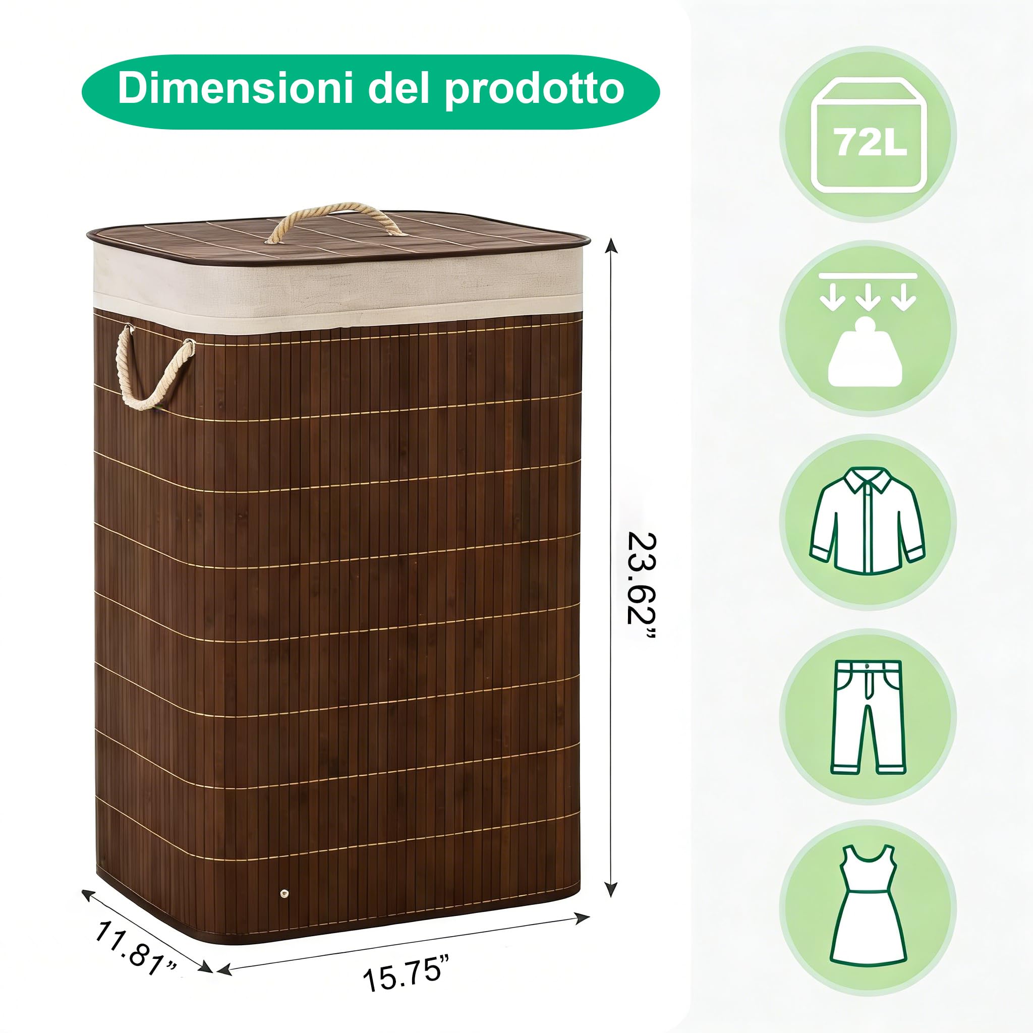 Cesto portabiancheria in bambù con coperchio, pieghevole, 58 l/72 l, in bambù naturale intrecciato, con borsa rimovibile, buon flusso d'aria (naturale, quadrato, 60 x 40 x 30 cm)