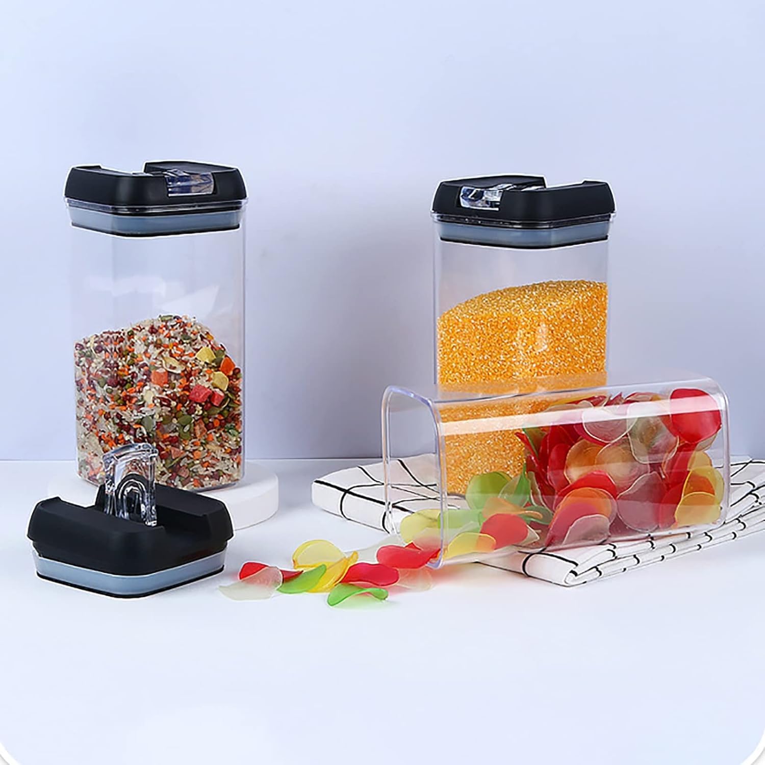 Set di contenitori per Alimenti da 1,2 Litri, contenitori Organizer per Frigorifero, Trasparenti, in Bianco e Nero, a Prova di perdite, ermetici, da Cucina, con Chiusura Facile, in Materiale