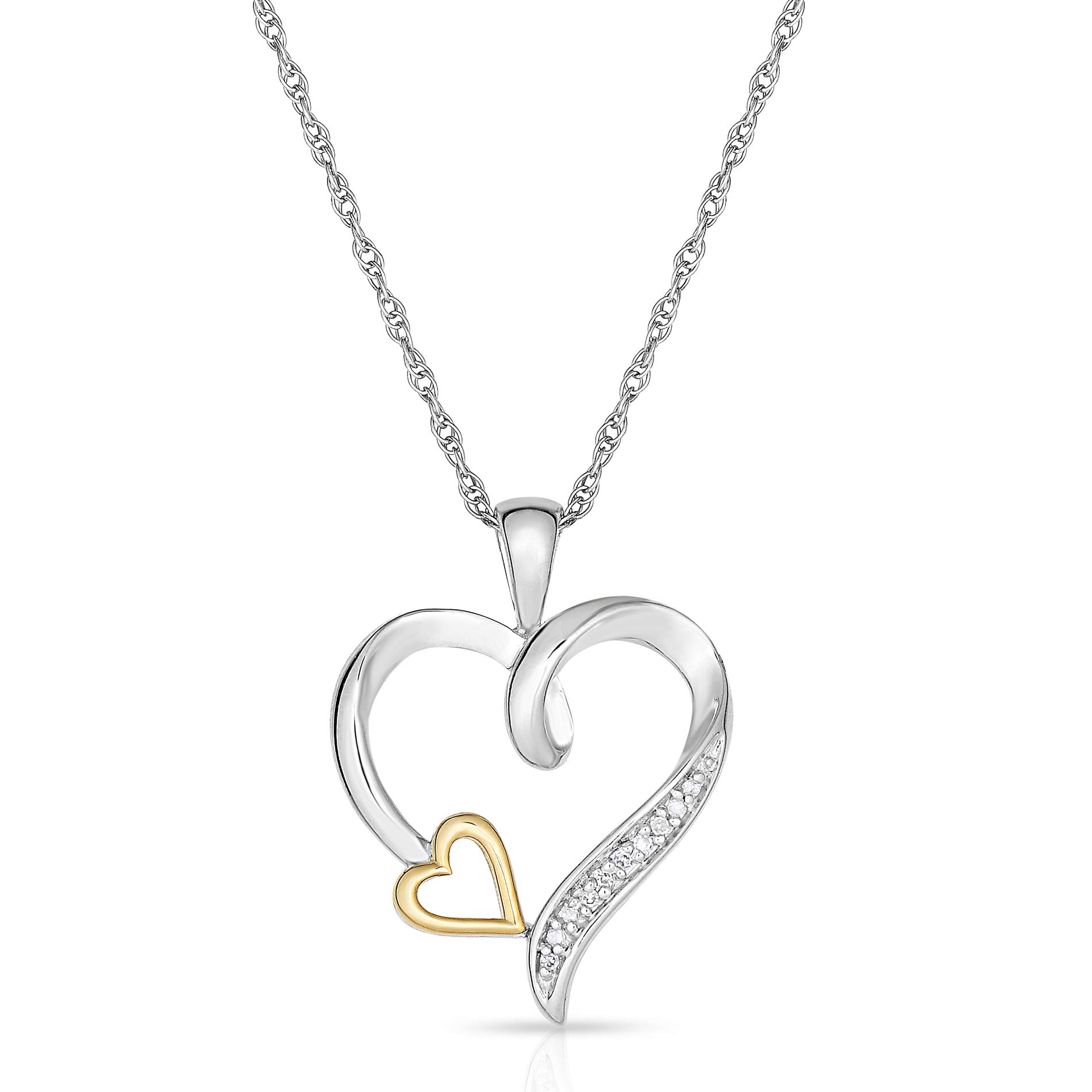 Genuine Diamond Open Heart Necklace for Women in 10K Yellow Gold and Rhodium Plated 925 Sterling Silver
