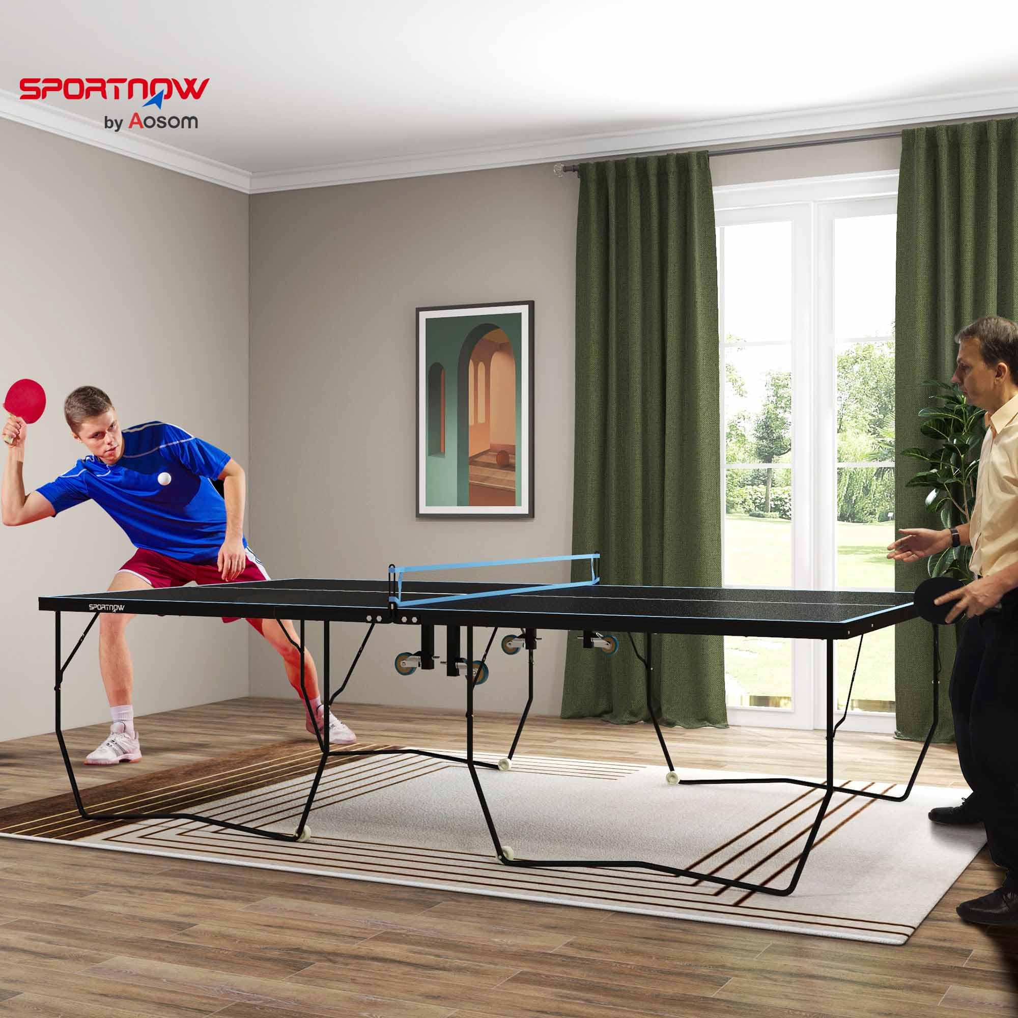 SPORTNOW Tischtennisplatte, Große Tischtennistsich mit klappbares Untergestell Netz, Rollen, 2 Tischtennisschlägern 3 Bällen, Schneller Aufbau, Stahl, Schwarz, 274 x 152,5 x 76 cm