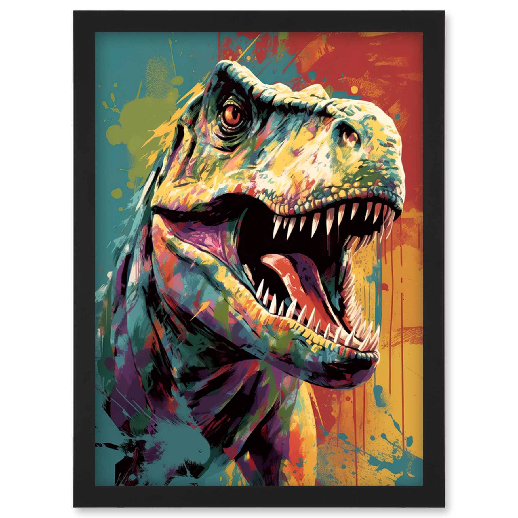 Artery8 Roaring T-Rex Multicoloured Dinosaur Portrait Artwork Framed Wall Art Print A4