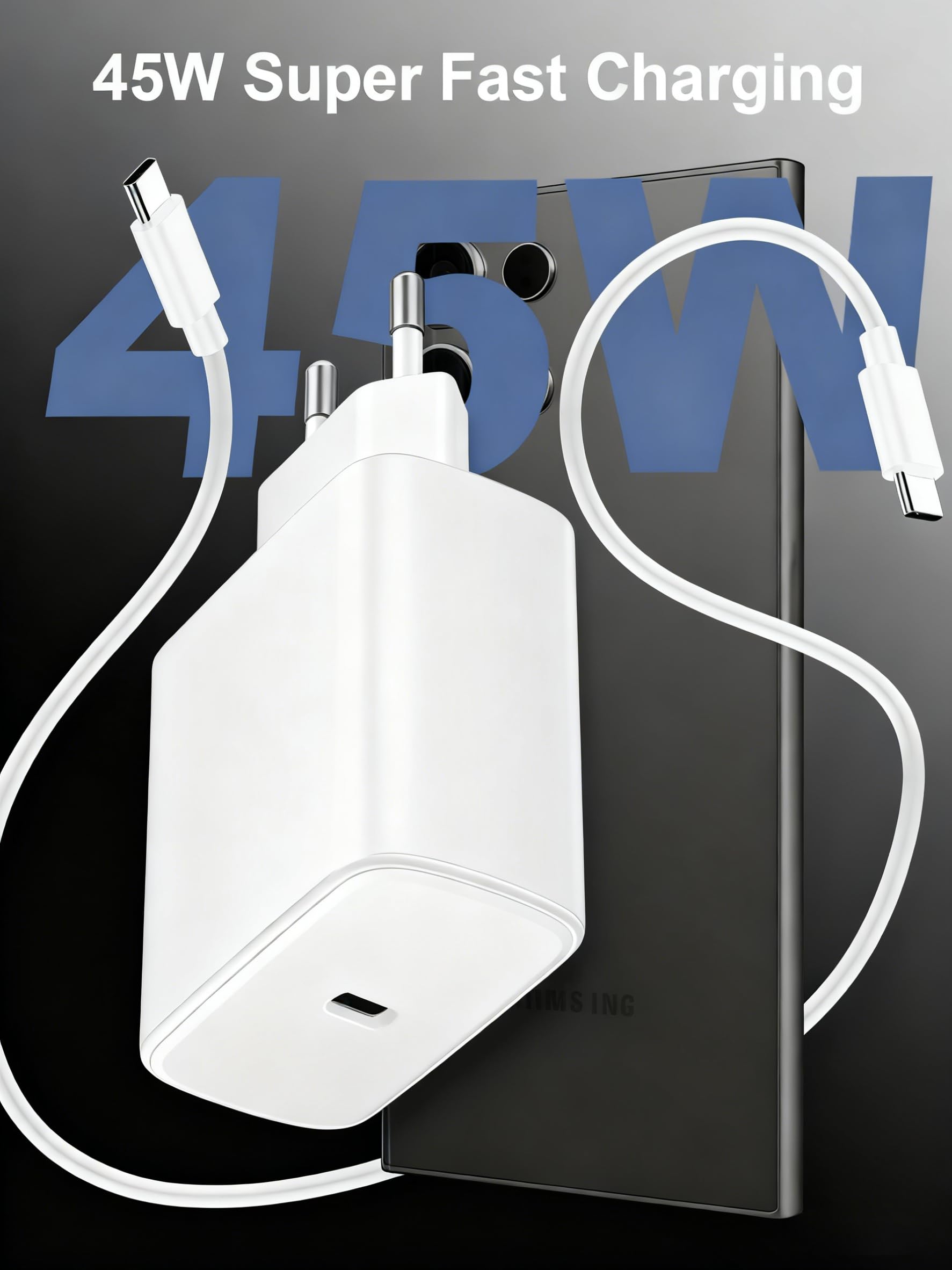Szybka ładowarka USB C 45 W do Samsung Galaxy S26/S25/S25 Ultra/S24/S24 Ultra/S23/S23 Ultra/S22/S21/A55/A54/A15/ A56/A26 / A54, gniazdo ładowarki zasilacza sieciowego z 2 m kablem USB C szybkie