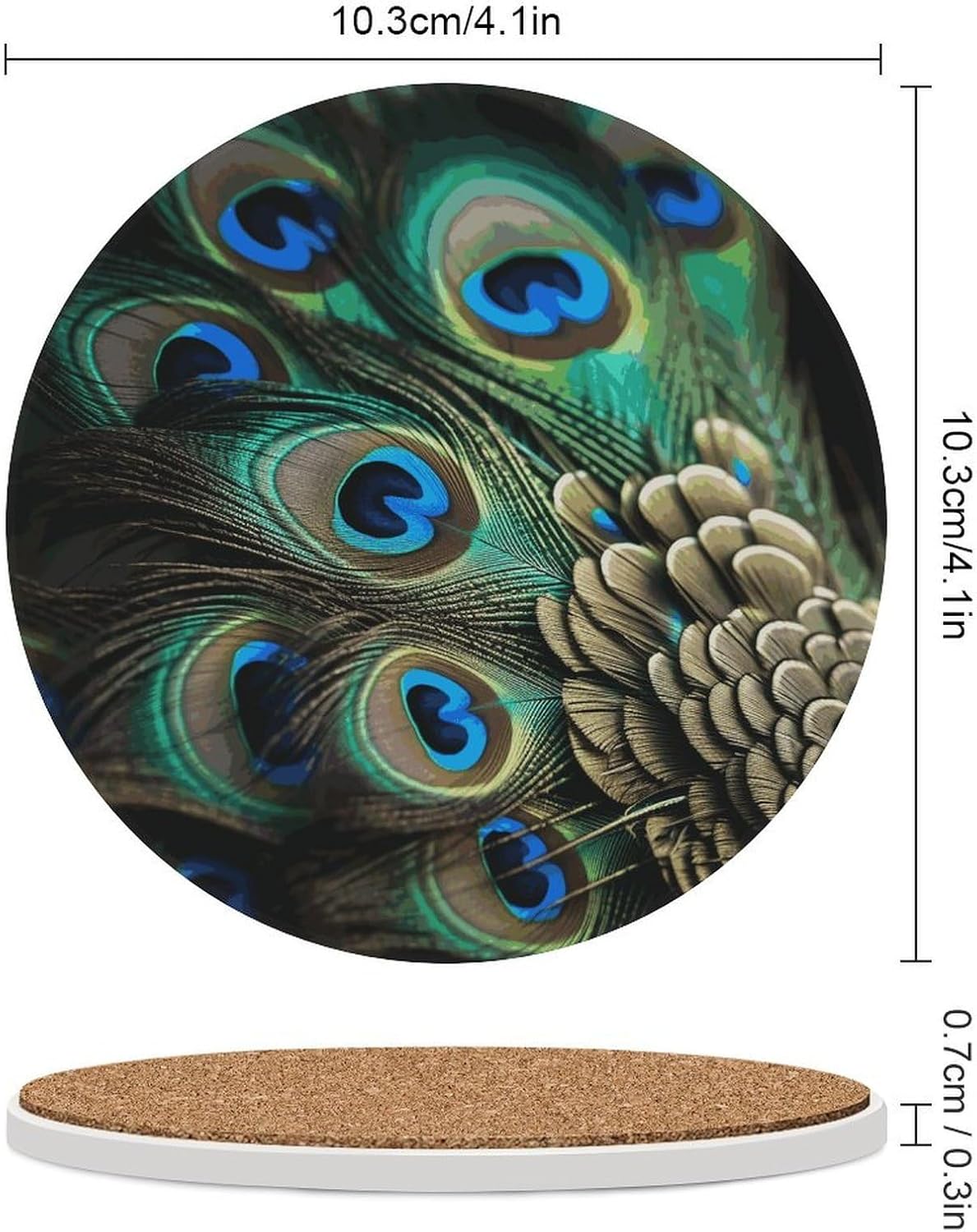 Peacock Feather Coasters Round Coasters Set Ceramic Stone Coaster with Cork Base Coffee Cup Beverage Cup Mat Cute Funny Table Drinks Coaster for Mugs and Cups Office Kitchen