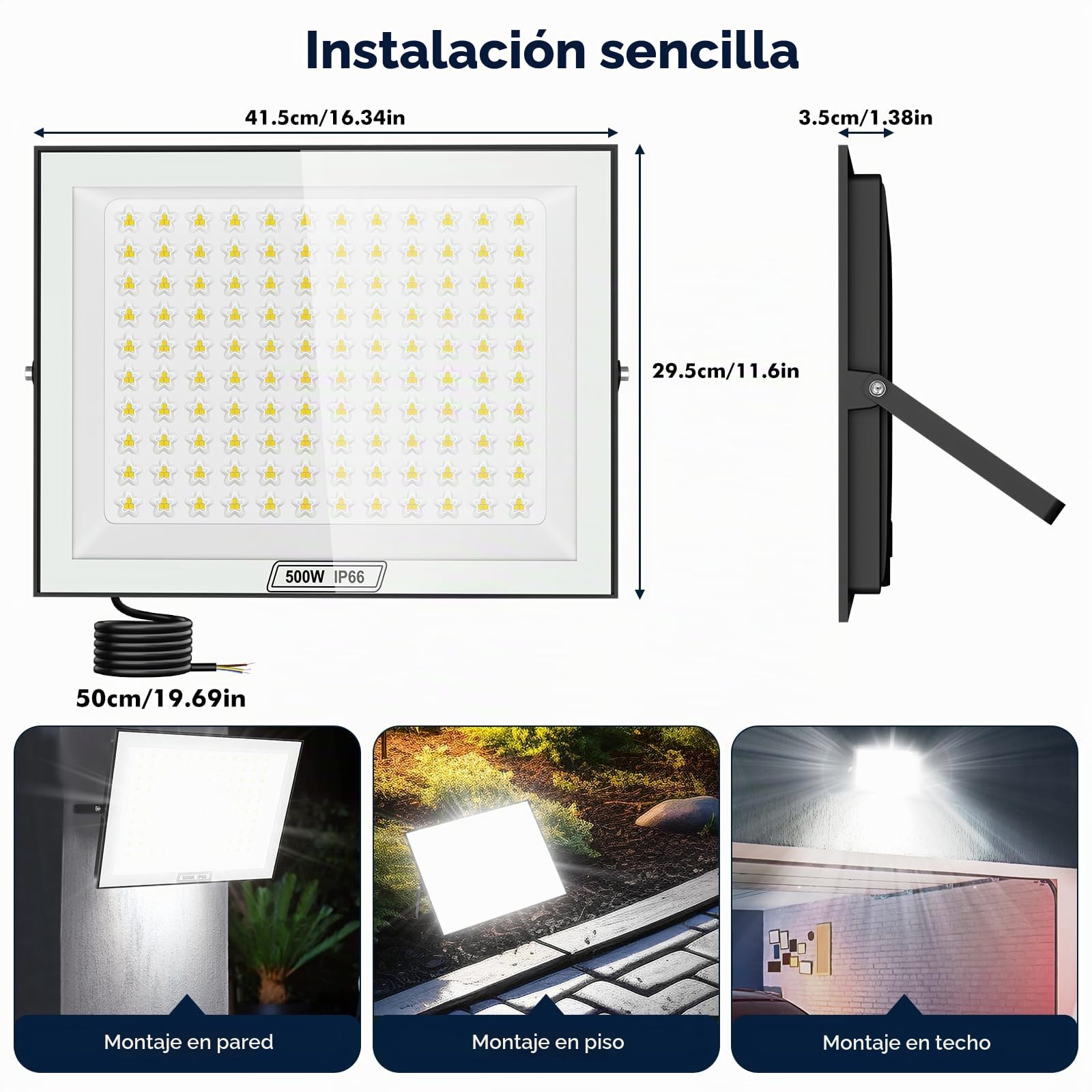 papasbox 2 Focos LED para exterior de 500W | Blanco frío de 6500K, 50000 LM, IP66, resistentes al agua, para jardín, garaje y patio