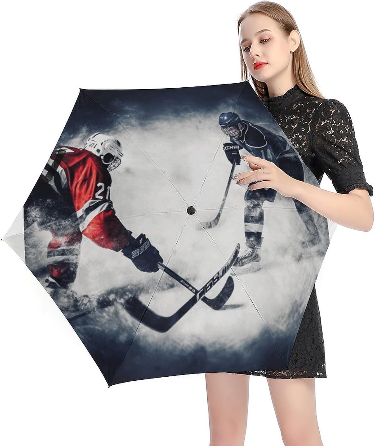 Ice Hockey Art Umbrella, Strongest Windproof 5-Fold Travel Umbrellas, Premium Portable Folding Umbrella for Rain & Sun, Compact Umbrellas for Purse Backpack, Outdoor & Gifts