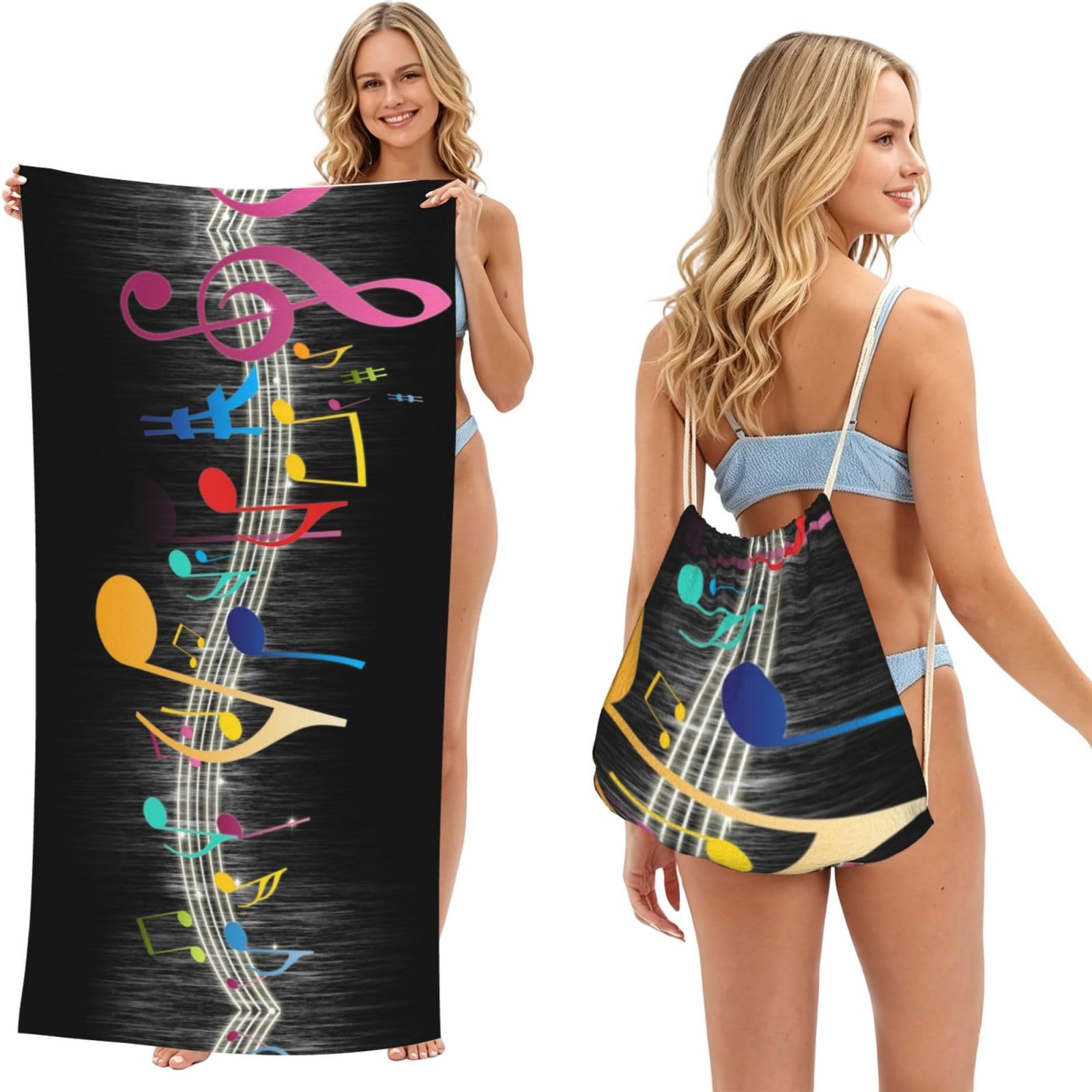 WSHFFILO Colorful Musical Note printed 2 in 1 Packable Towel Bag Bath Towel Beach Towel