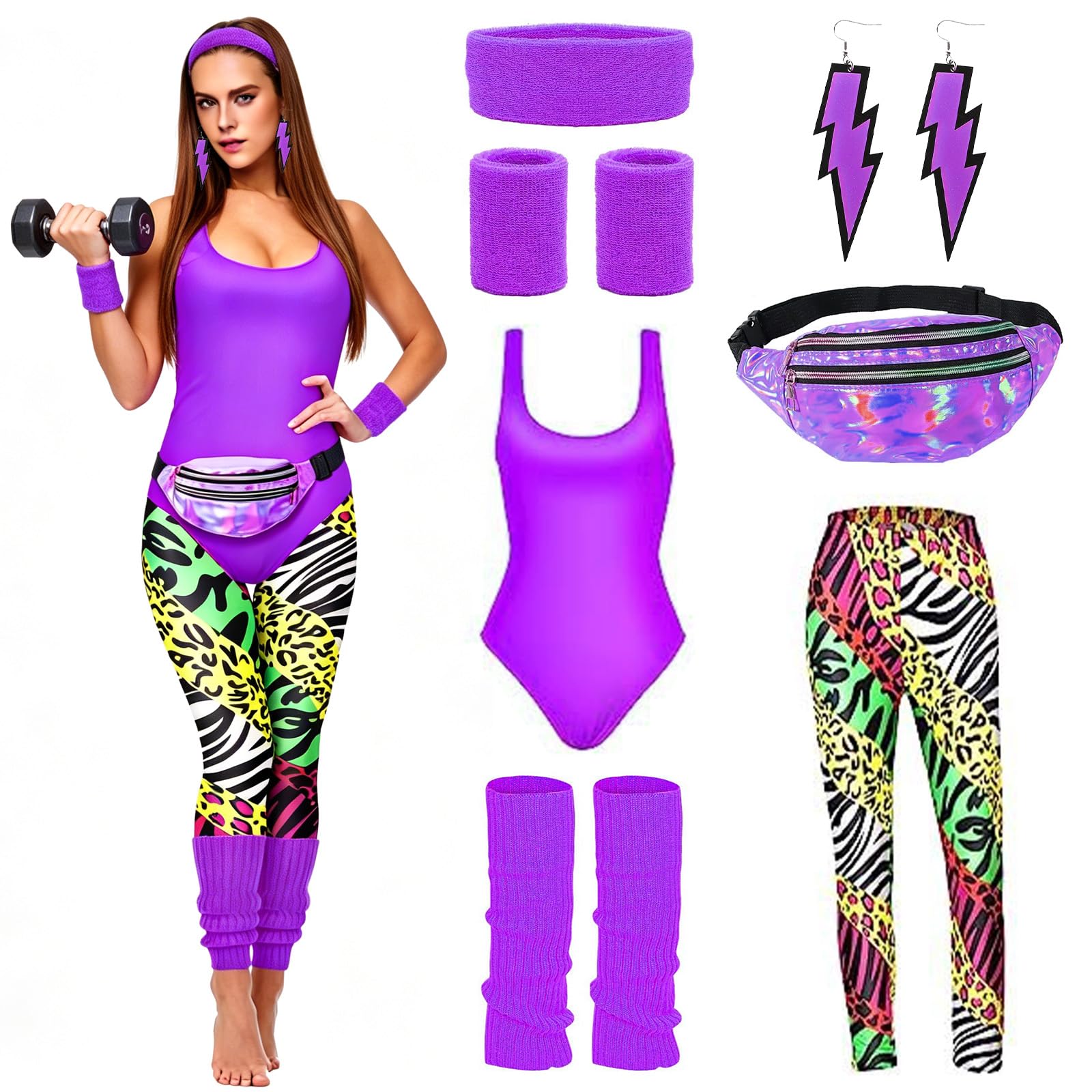DAZZTIME Women's 80s Costume, 80s Costume Accessories, 80s Costume Set, with Headband, Wristbands, Earrings, for Parties, Carnival, Halloween Costumes