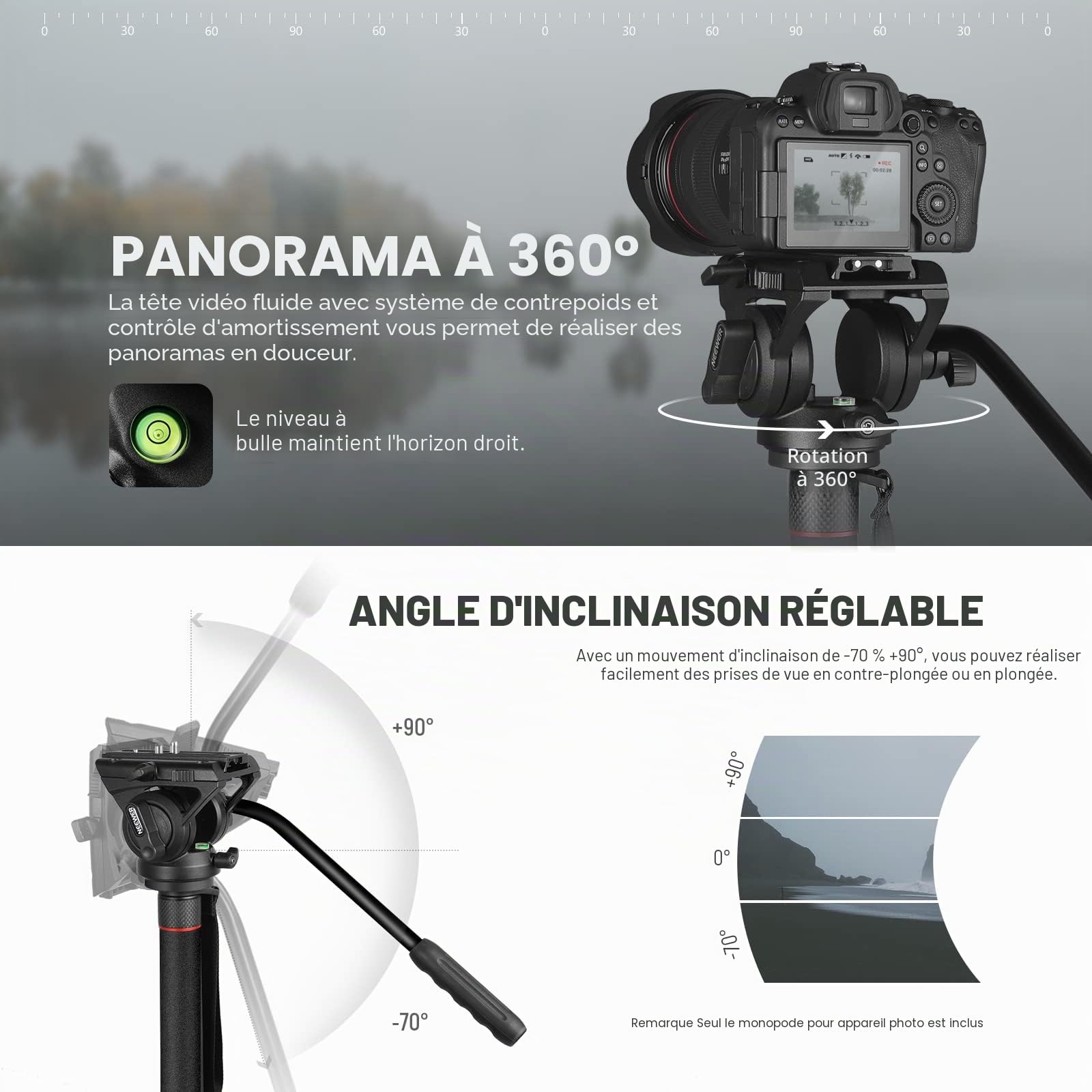 NEEWER GM76 Monopode professionnel pour appareil photo avec pieds, télescopique, portable, en aluminium, tête fluide, inclinable, pied amovible, pour appareil photo reflex numérique, charge maximale 6