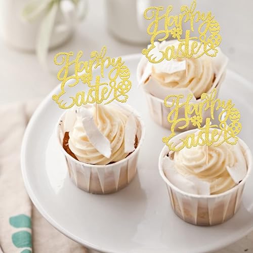 Miniatura 4 de Paquete de 24 adornos dorados para cupcakes con purpurina Happy Easte, orejas de conejo, decoración de huevos de Pascua, para conejito con temática