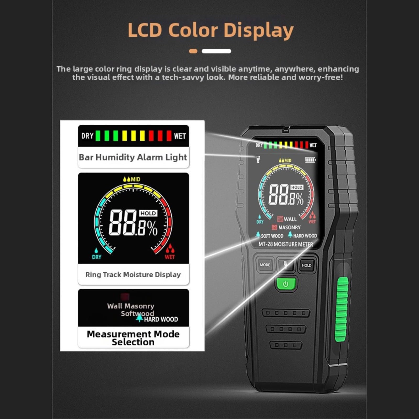 Medidor de humedad de madera Detector de humedad inductivo con LCD retroiluminado para pared Azulejos Suelos Proyectos de carpintería Plástico Negro 150x67mm