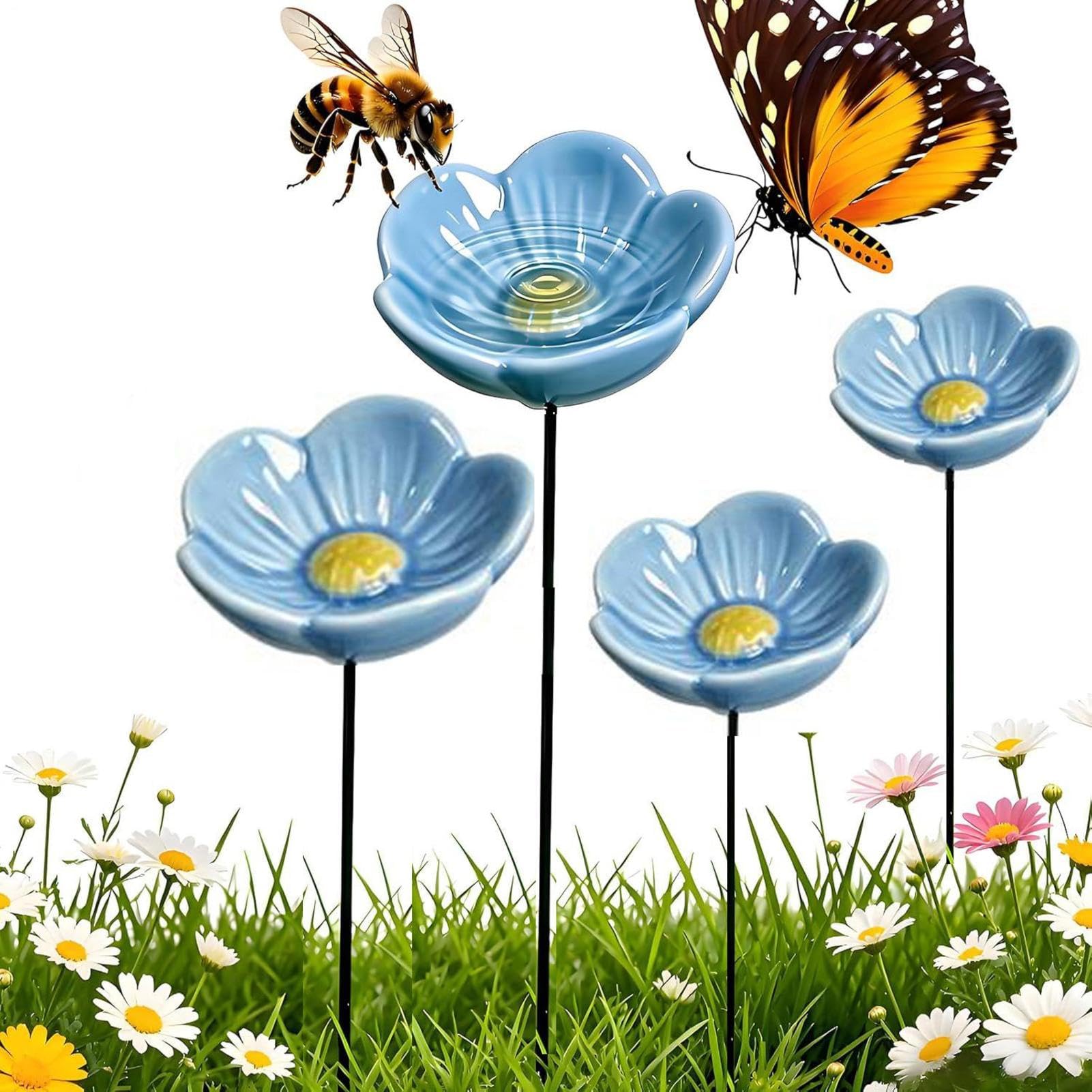 4 Pieces Flower Shaped Bee Watering Station, Ceramic Bee Watering Station, Weather Resistant Bird Waterer, Hummingbird Bath, For Garden Yard Backyard Outdoor Home Patio Porch Deck Balcony