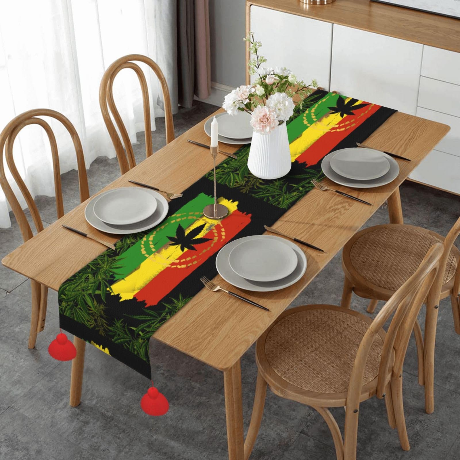 Chemin de table rasta antidérapant avec pompons pour décoration cuisine 35x152 cm