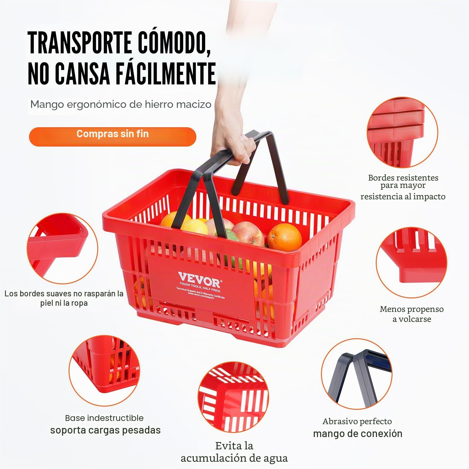 VEVOR Cesta Roja de la Compra con Asas y Soporte, 12 Piezas, 24 L, Cesta Portátil de la Compra de Plástico Duradero de 425 x 295 x 225 mm, para la Compra de Comestibles en el Supermercado, Tienda