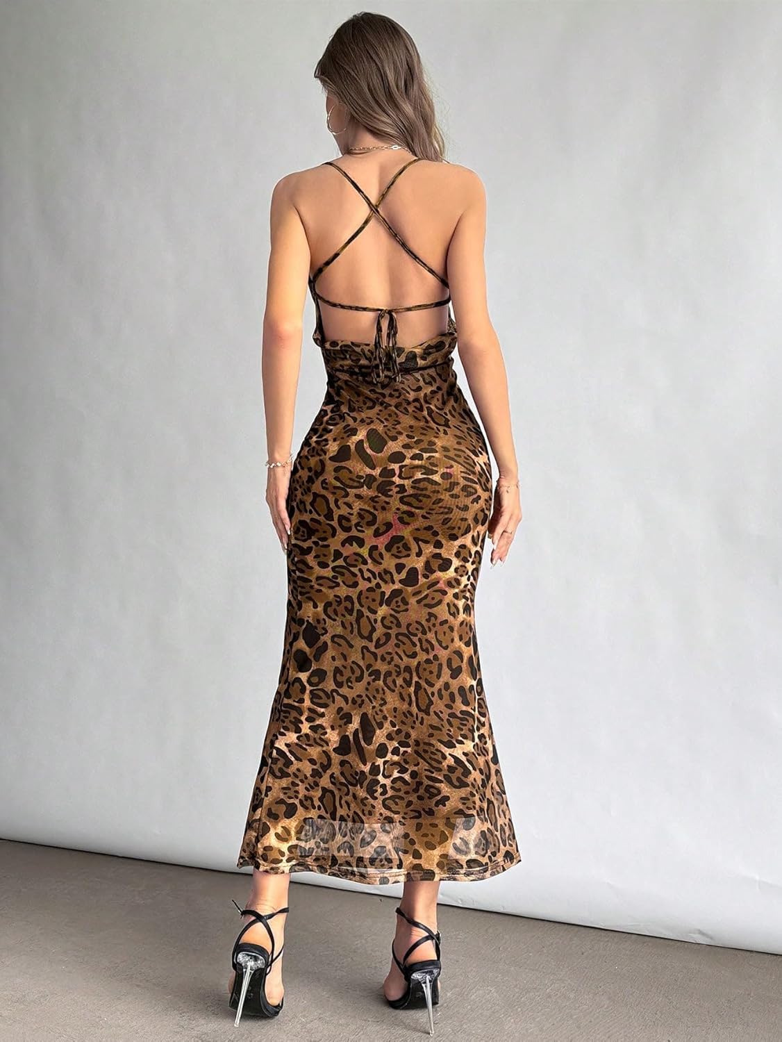 Narecte Women’s Maxi Dress Sexy Bodycon Backless Criss Cross Tie Back Cowl Neck Spaghetti Strap Summer Evening Party Dress