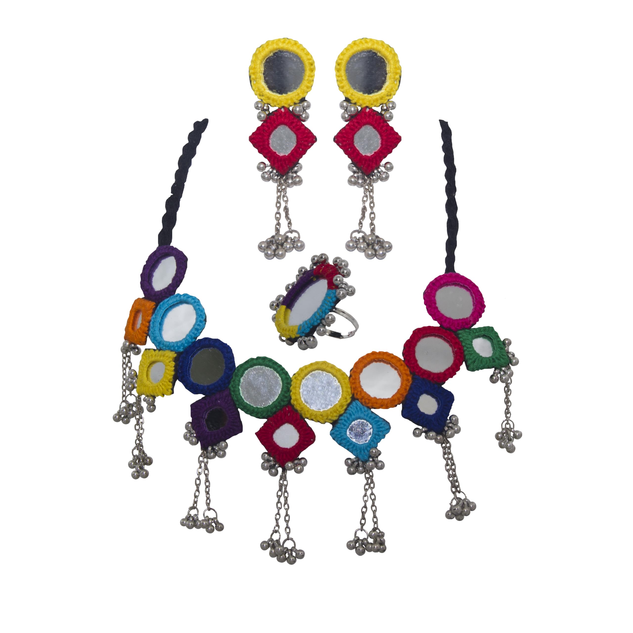Handcrafted Circle and Sqaure Multi Mirror Work with Oxodise Chain Necklace Set with Earring and Ring | Contemporary Abstract Modern Classic Style | Garba Night | Navratri Festival-image-47