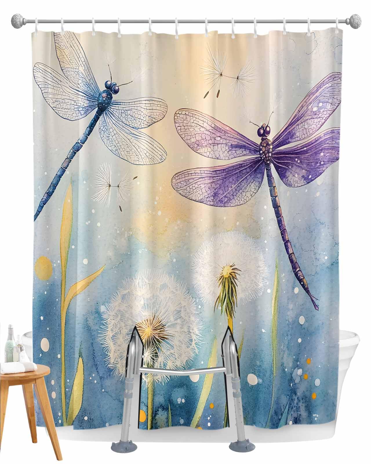Pinroote Split Shower Curtain for Transfer Bench, Blue Purple Dragonfly Waterproof Shower Curtains for Bathroom/Shower Stall, Spring Floral Watercolor