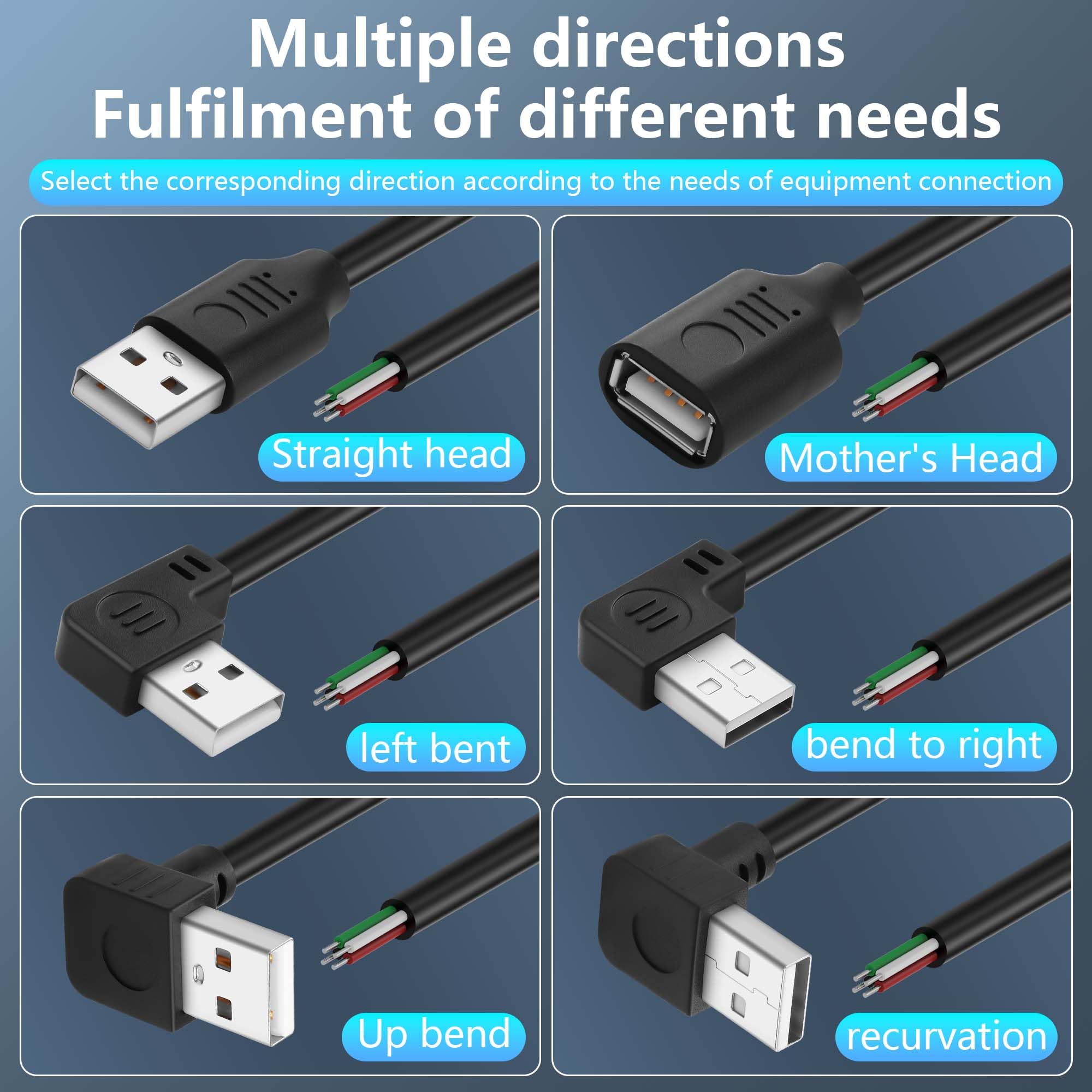 CERRXIAN 2 Stück USB-A Stecker Kabel 4-polig Blank – 90° Abgewinkelt, 24 AWG, 0,5m Für Reparatur & DIY