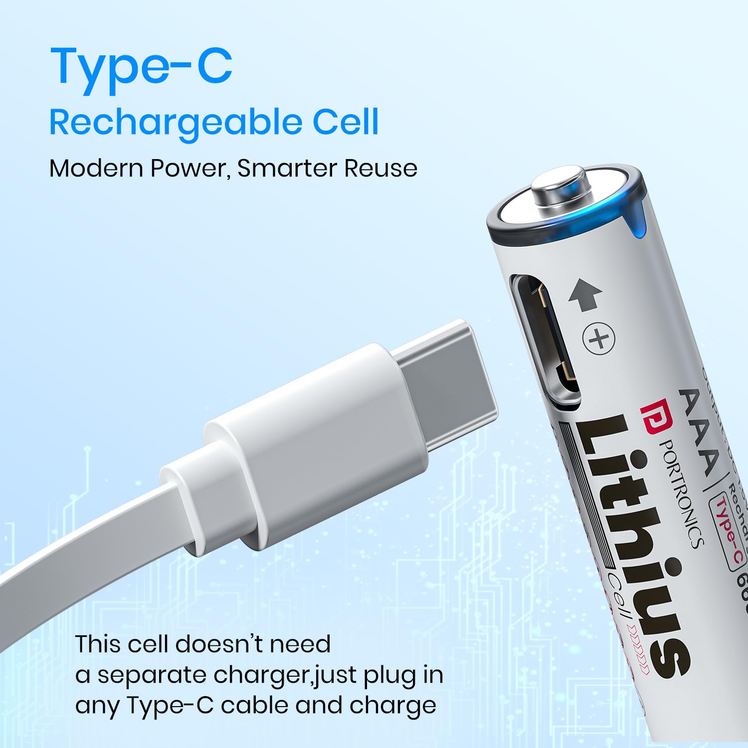 Close-up of Portronics AAA Lithius battery with Type-C port and charging cable