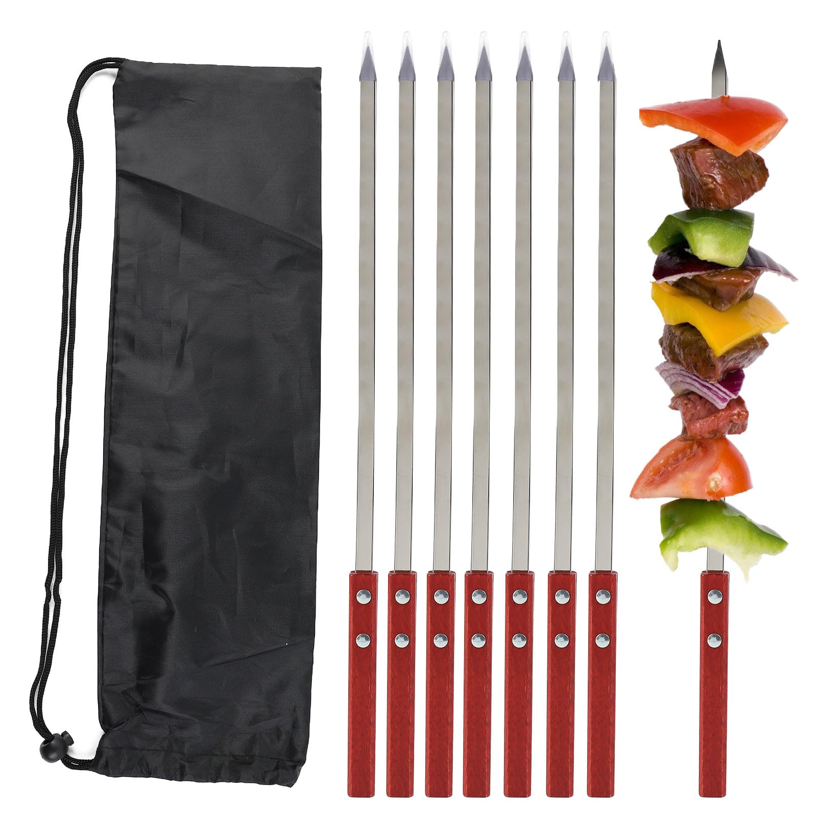 Jadin 8 PCS Spiedini Acciaio Inossidabile, Kebab Piatto da 42 cm, Kebab con Manico in Legno Resistente al Calore, Spiedini per Barbecue Riutilizzabili, Accessori per Griglia con Borsa, Kebab Multiuso