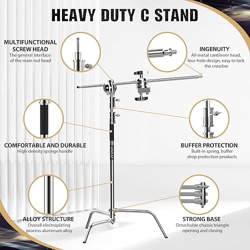 Miniatura 2 de LOMTAP Kit de fotografía de metal inoxidable con soporte de luz C, poste vertical resistente de 10.8 pies, brazo de pluma de 4.2 pies, base