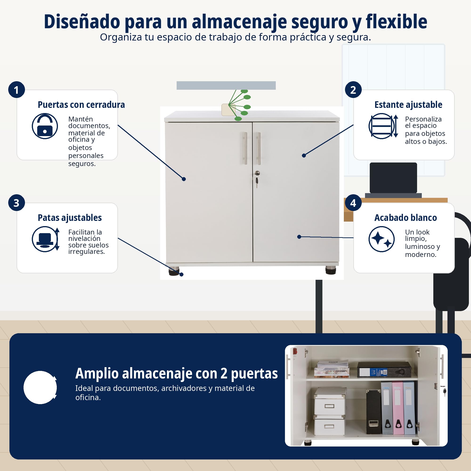 MMT Armario Blanco Para Oficina En Casa, Armario Multiusos Con Estanteria Con Puertas, Archivador De Documentos Con Bloqueo De Llave, 2 Estantes, 80x40cmx75 Centimetre, Madera Blanca