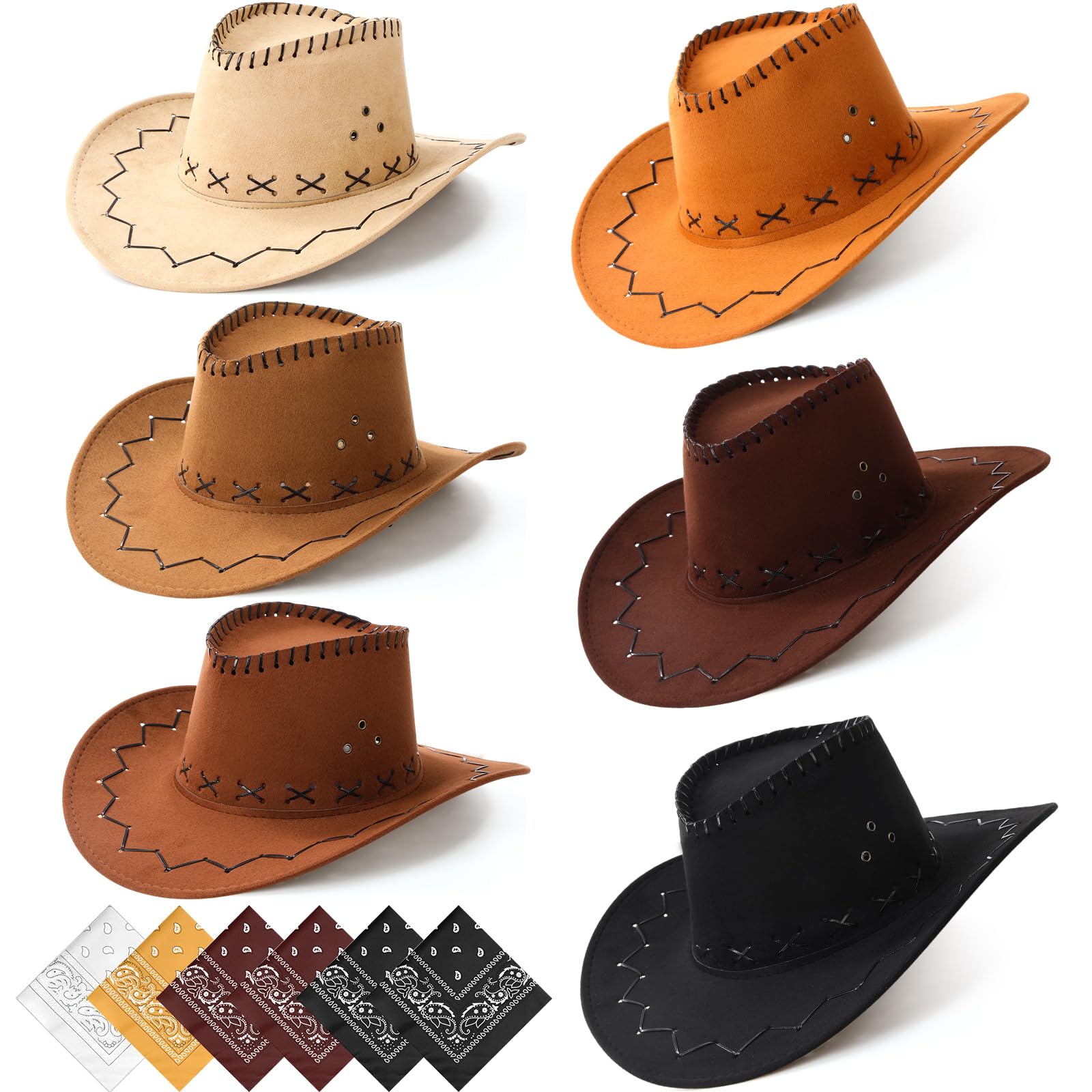 Zhanmai 12 Pcs Cowboy Hats Bulk, 6 Hats with 6 Bandanas