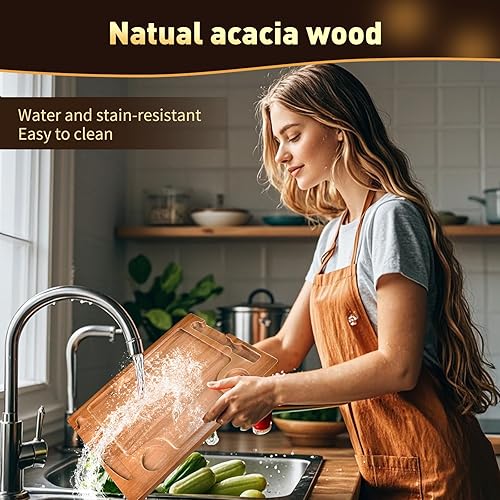 Vista 4 de Juego de platos de madera de acacia para comer, juego de 2 tablas de cortar carne de 15.7 pulgadas para bandeja de servir carne con tenedor