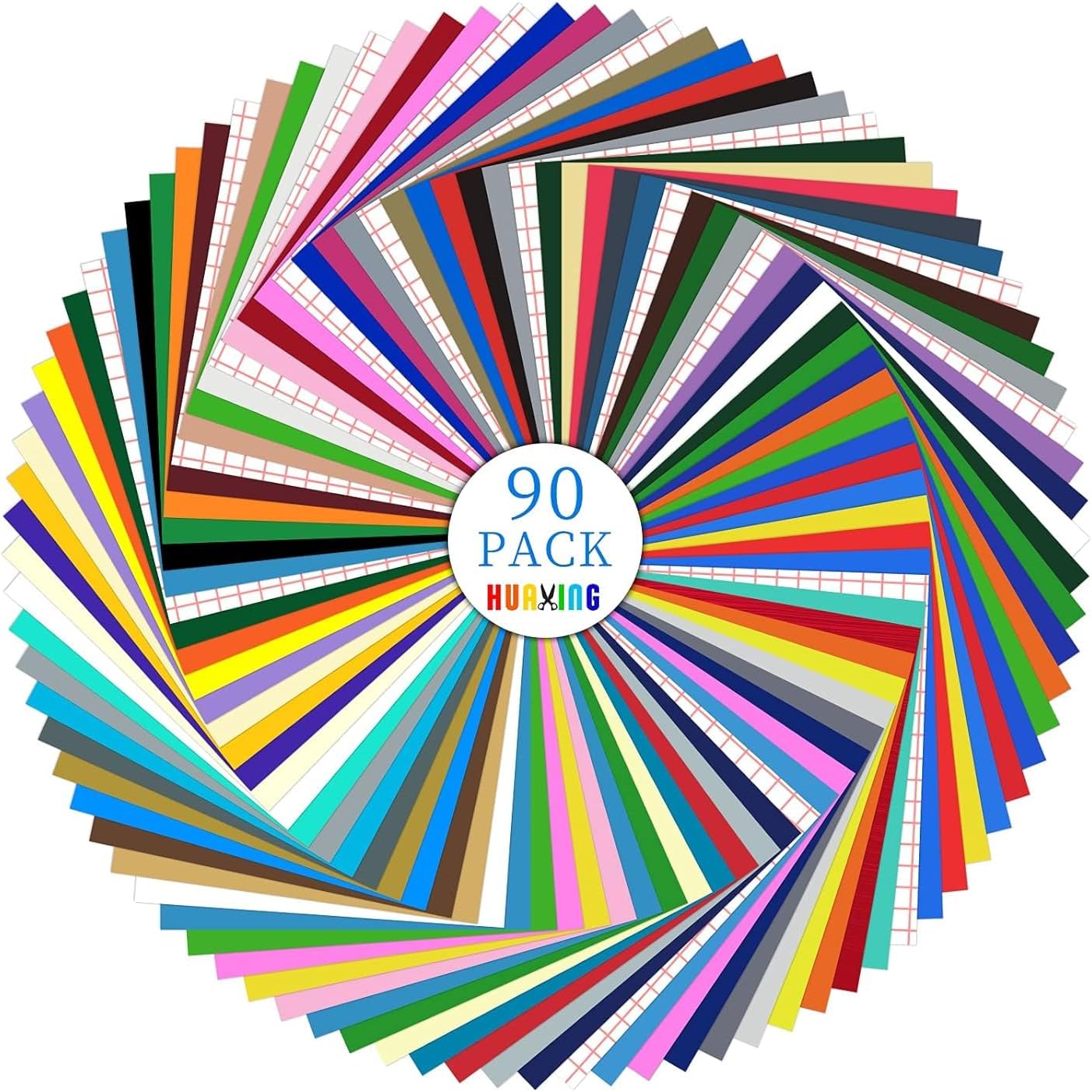 Huaxing Permanent Adhesive Vinyl Bundle - 90 Pack Vinyl Sheets (12”x12”, Glossy, Matte, Metallic) for Most Cutting Machines and Party Decoration, Sticker, Craft Cutter, Car Decal.