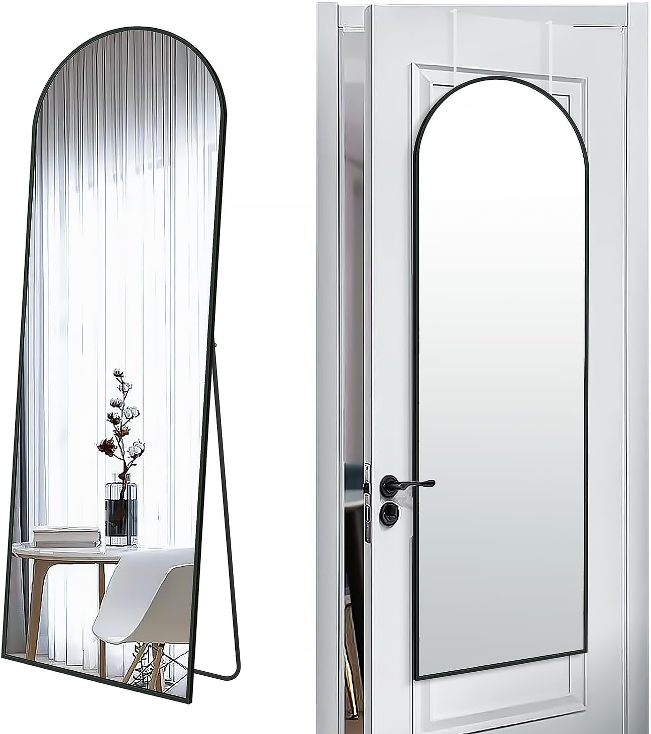 57x20 Door Hanging Full Length Mirror, Floor (Height 5.7ft just Body in1.3ft) or Wall Mounted Metal Frame Arch Dressing Mirrors for Bedroom Bathroom Living Room 57 20 inch Black Black 57"L x 20"W
