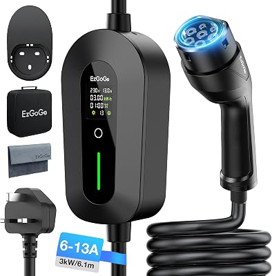 EzGoGo EV Charger Cable Type 2 to 3 Pin Plug 20Ft/6.1M Electric Car Charger 3kW, [6/8/10/13A] Type 2 Charging Cable 3 Pin EV Charger IP65 Advanced Protection Suitable for EVs & PHEVs