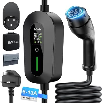 EzGoGo EV Charger Cable Type 2 to 3 Pin Plug 20Ft/6.1M Electric Car Charger 3kW, [6/8/10/13A] Type 2 Charging Cable 3 Pin EV Charger IP65 Advanced Protection Suitable for EVs & PHEVs