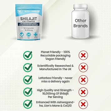 Vita London Pure Himalayan Shilajit 16000mg, 60 Capsules | With lions mane, CoQ10, ashwagandha KSM-66 & organic black pepper, high strength, vegan, UK made, for men & women