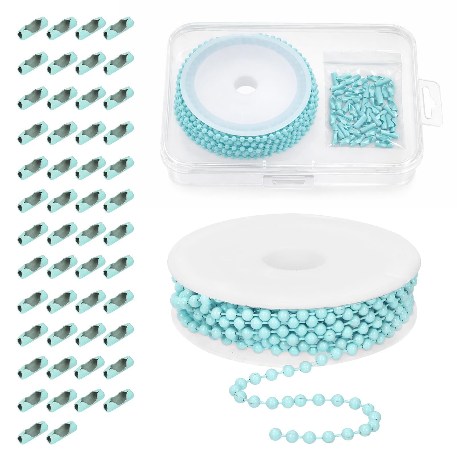 Mardatt 5m/16.4Ft Light Blue Beaded Ball Chain with 50Pcs Connectors, Width 2.4mm Small Bulk Bead Chains with Bead Chain Connector for Tag Key Rings DIY Crafts Making
