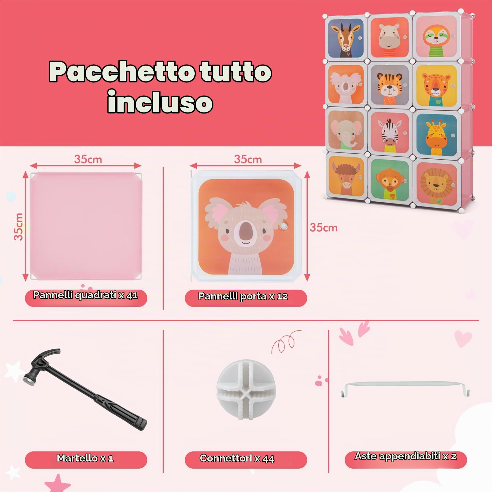 FANTASK Armadio per bambini, armadio modulare in plastica con 12 cubi, scaffale con ante e ganci, armadi per camera da letto (rosa+bianco, 12 cubi)