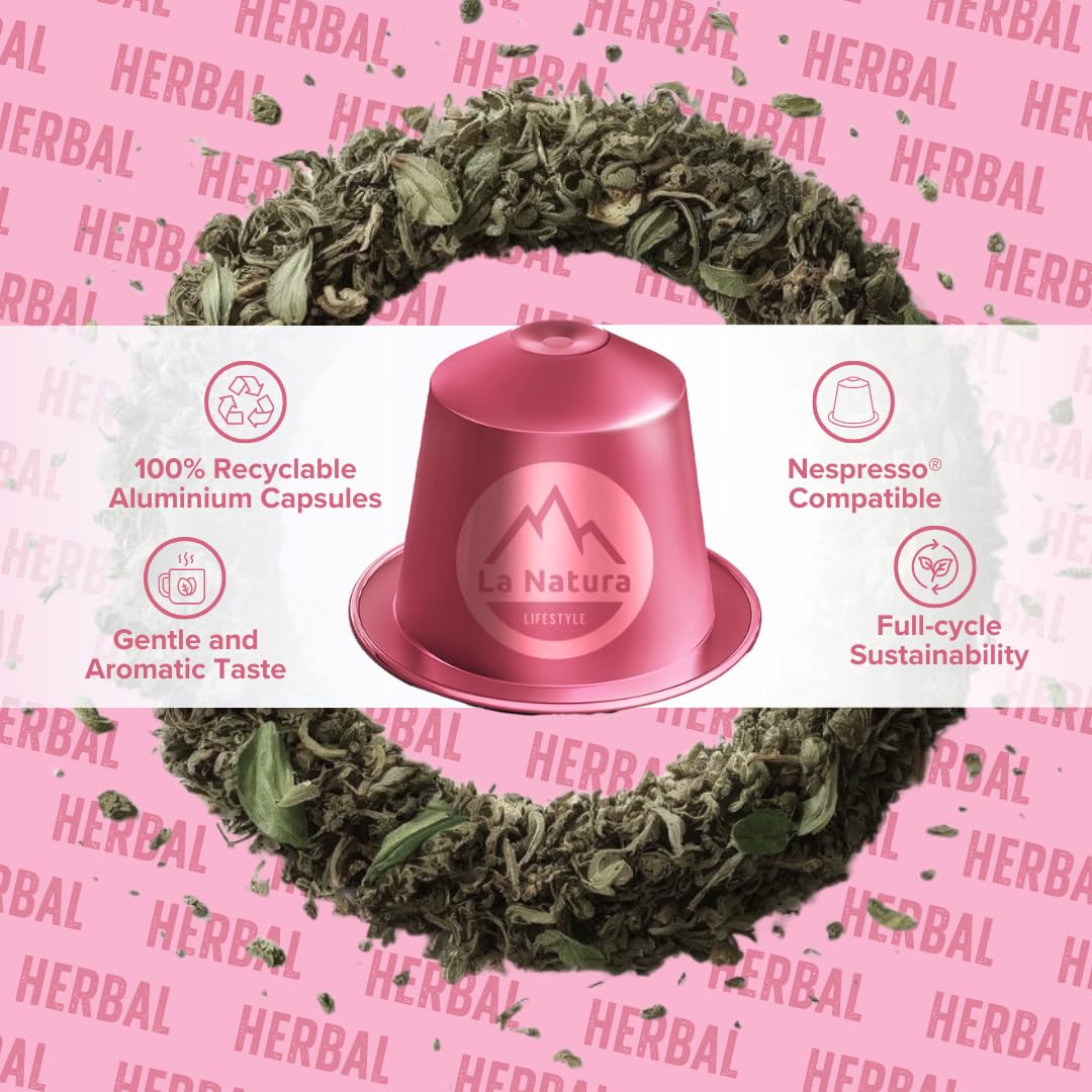 La Natura Lifestyle 120 x herbata ziołowa w kapsułkach aluminiowych, kompatybilne z ekspresami na kapsułki Nespresso®³, w 100% nadaje się do recyklingu, mistrzowskie połączenie wyselekcjonowanych