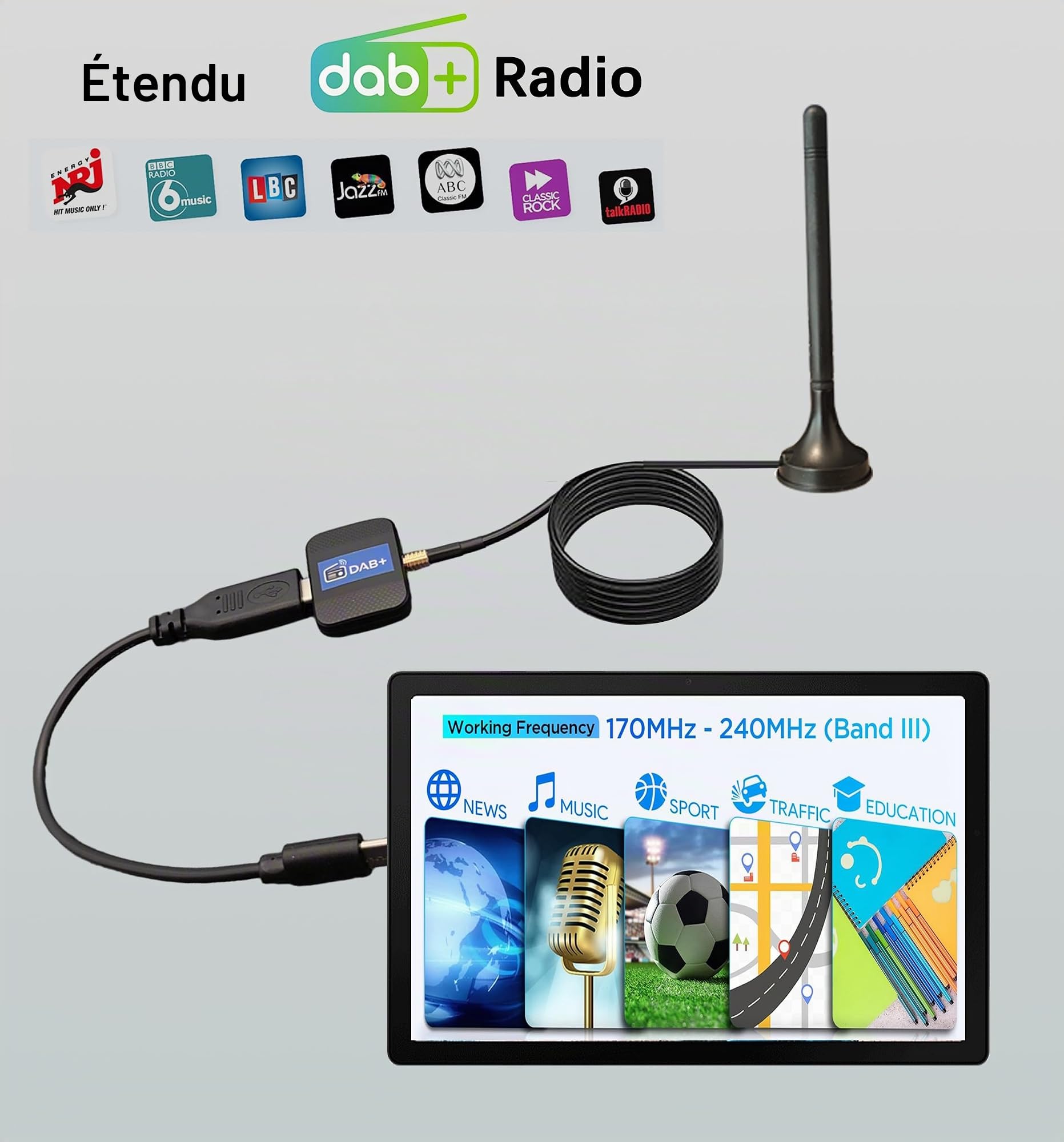 Dab+/Dab Radio Numérique USB Tuner Adaptateur pour Android Téléphone & Tablet Pad - Récepteur Numérique Broadcast Bâton avec Antenne pour Portable Et Maison Tuner