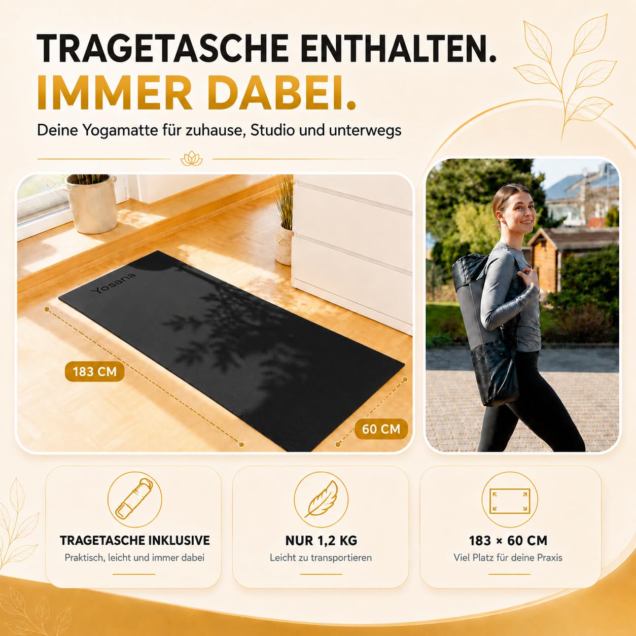 Yogamatte inkl. Tragetasche & Video Kurs I Yoga Matte rutschfest I weiche Gymnastikmatte I Sportmatte 183x60cm I Fitnessmatte I Pilatesmatte 6mm Dick