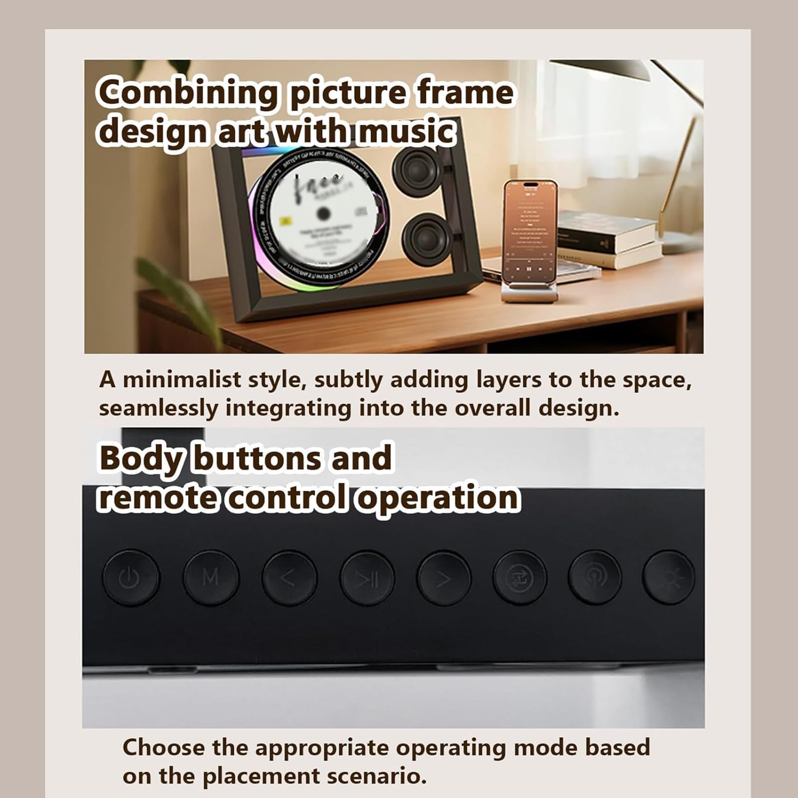 Lettore CD Bluetooth montabile a parete, cornice musicale con diverse modalità di riproduzione, 4 luci ambientali, 3 opzioni di posizionamento, decorazione per casa/parete