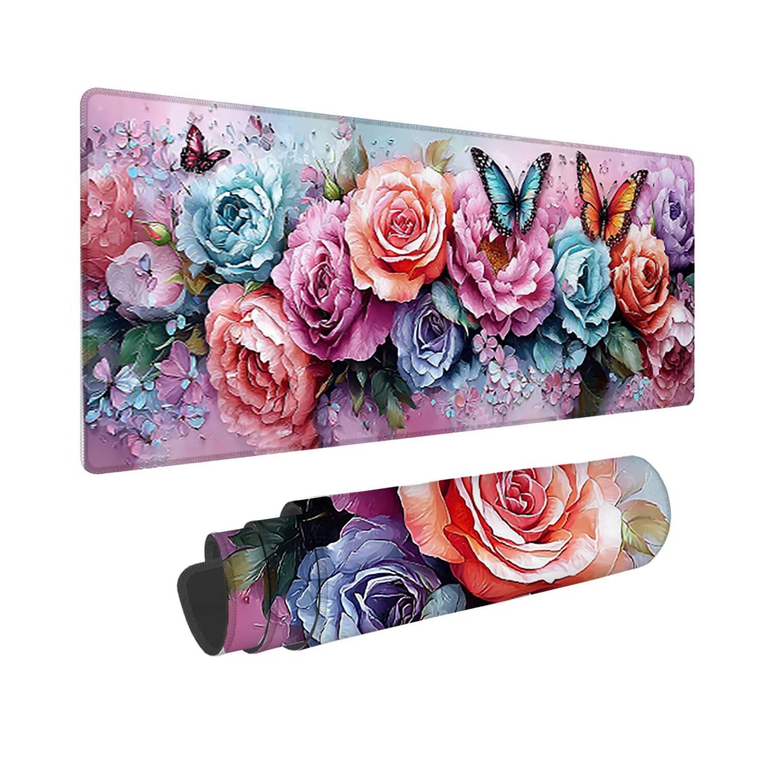 Podkładka pod mysz do gier XXL duża mysz 1600 x 800 mm duża podkładka pod biurko pod rękę z antypoślizgową gumową podstawą, poprawia precyzję i szybkość (motyle kwiaty piwonii) o-337