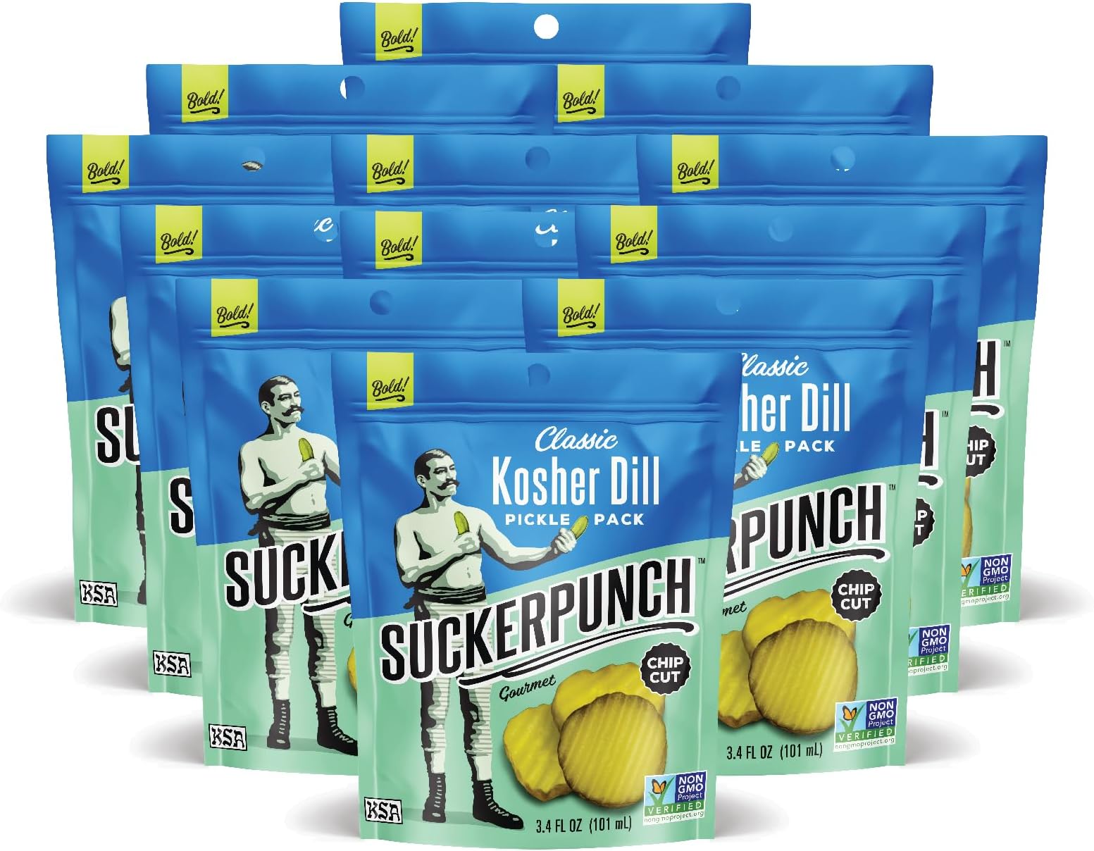 SuckerPunch Pickles in a Pouch, Gluten Free, Kosher, Sugar Free, Low Calorie, Keto, Vegan, Non-GMO, Ready to Eat, On-the-Go, 3.4 Oz Single Serve Pouches (Classic Dill)