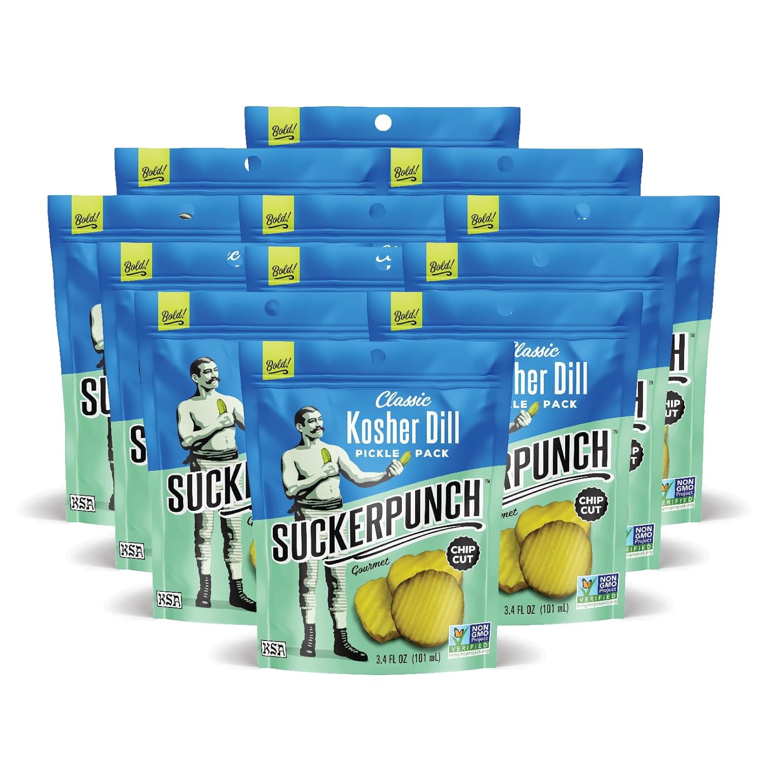 SuckerPunch Pickles in a Pouch, 4-Flavor Variety Pack, Gluten Free, Kosher, Sugar Free, Low Calorie, Keto, Vegan, Non-GMO, Ready to Eat, On-the-Go, 3.4 Oz Single Serve Pouches (Classic Dill)
