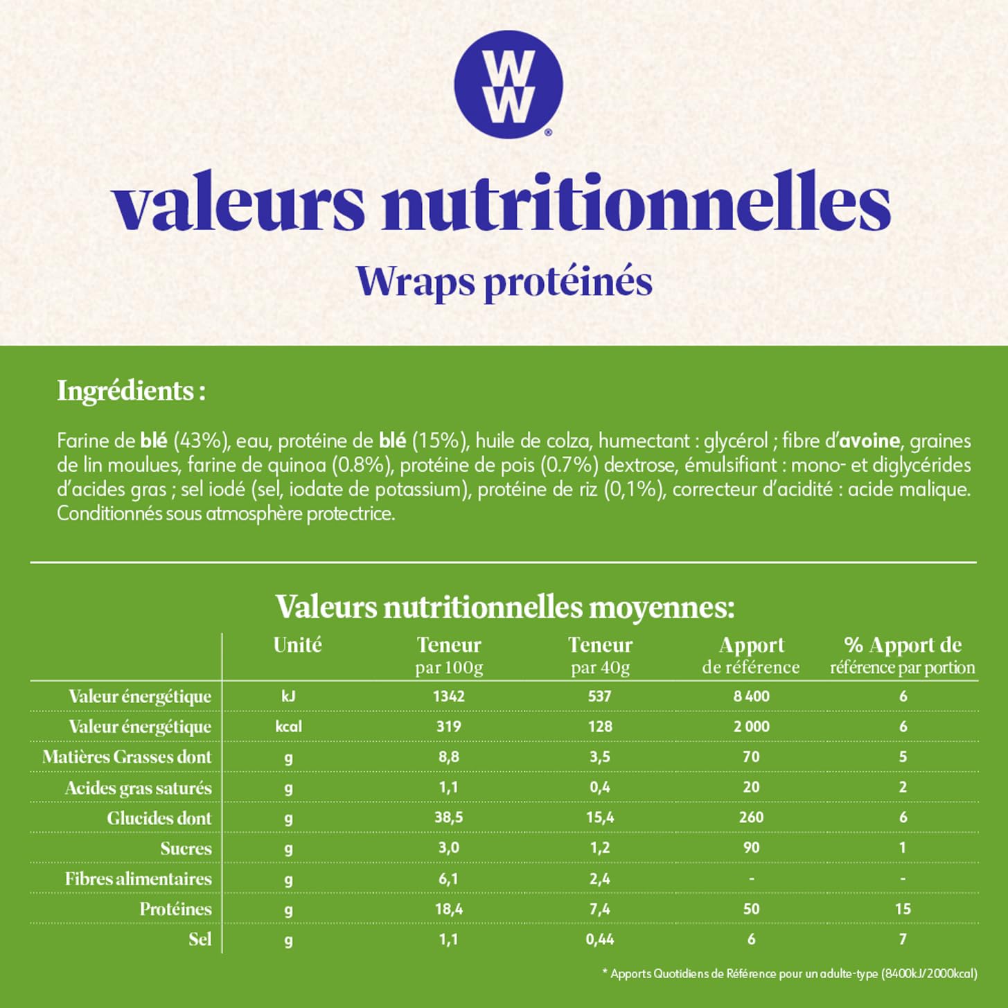 WW Wraps protéinés, Riches en protéines, Source de Fibres, 1 paquet de 8 wraps, 320g, 220281