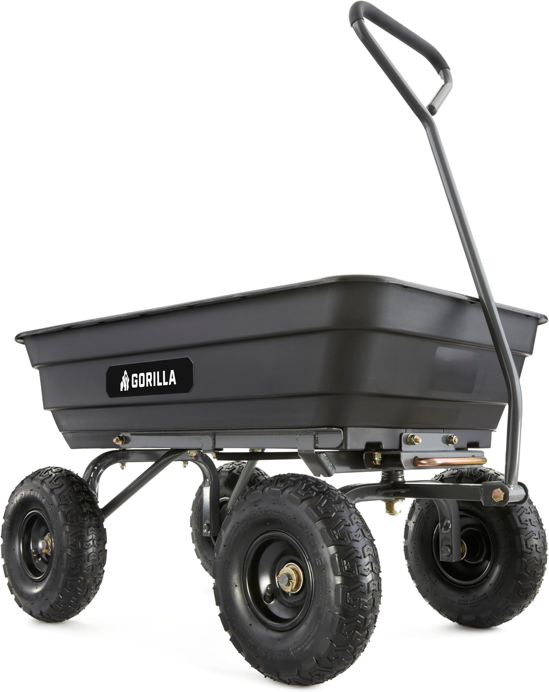 Gorilla Carts Dump Cart with Steel Frame, 600 Pound Capacity, and 10 Inch Tires - Heavy Duty Utility Wagon with Rolling Wheels for Beach, Garden, Yard | Pneumatic Tires, Patented quick-release dumping, For yard, landscaping & gardening, Rust-resistant poly bed, Easy assembly