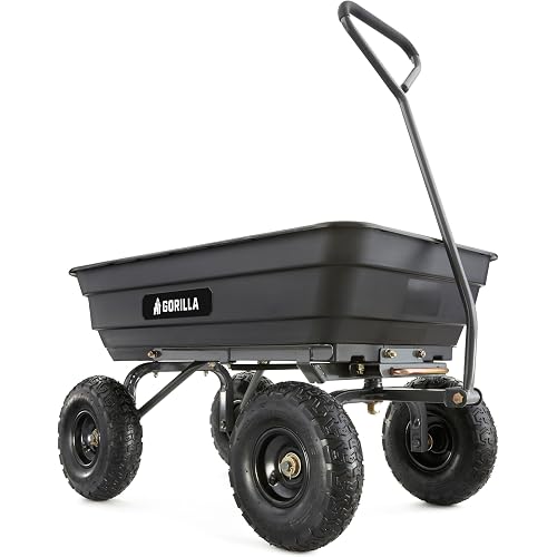 Gorilla Carts Dump Cart with Steel Frame, 600 Pound Capacity, and 10 Inch Tires - Heavy Duty Utility Wagon with Rolling Wheels for Beach, Garden, Yard | Pneumatic Tires, Patented quick-release dumping, For yard, landscaping & gardening, Rust-resistant poly bed, Easy assembly