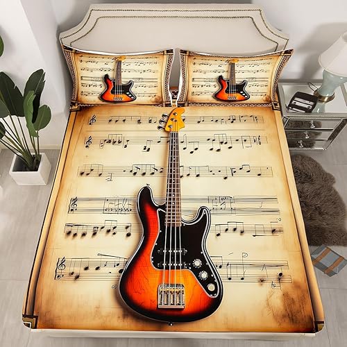 Miniatura 2 de Castle Fairy Juego de sábanas con estampado musical rústico, tamaño individual, juego de sábanas con estampado de instrumentos de guitarra y bajo,